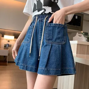 deanwangkt Y2K Summer Women Vintage Blue Korean Denim Shorts High Waist Knee Length Wide Leg Baggy Pockets Short Pants Harajuku Clothes