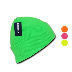 Decky Bright Neon Long Cuffed Beanies Knit Ski Skull Caps Hats Snowboard Winter