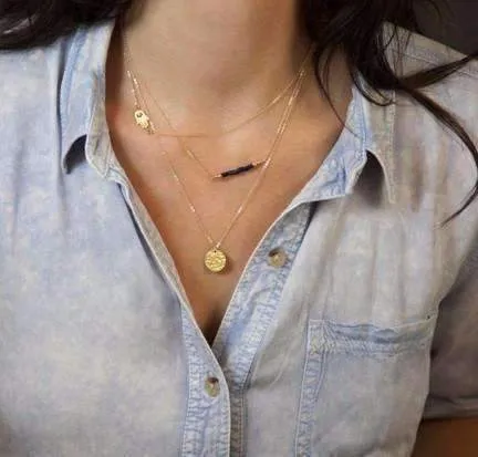 Delicately Layered Blue Bead and Hamsa Three Chain Gold Necklace