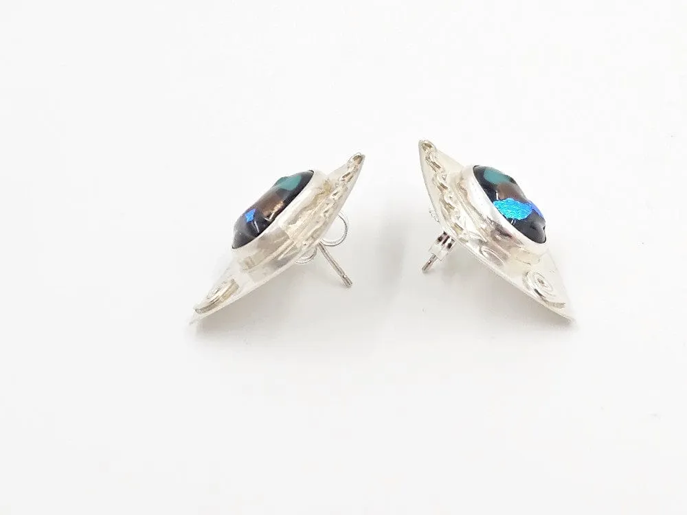 Designer Barbara Sucherman Sterling Silver   Glass Modernist Earrings 1980's