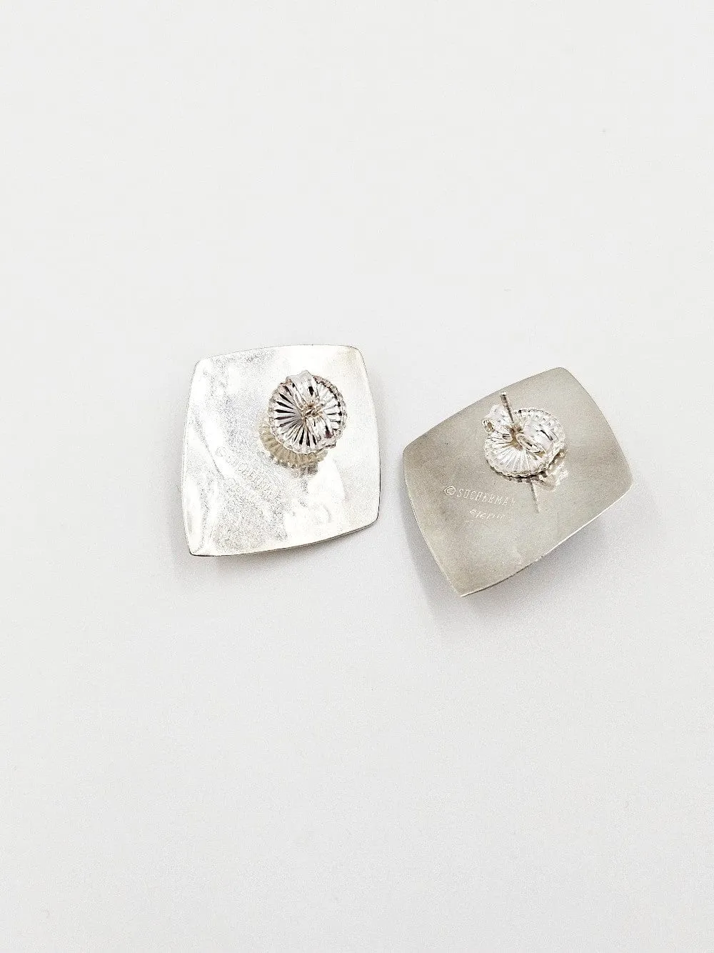 Designer Barbara Sucherman Sterling Silver   Glass Modernist Earrings 1980's