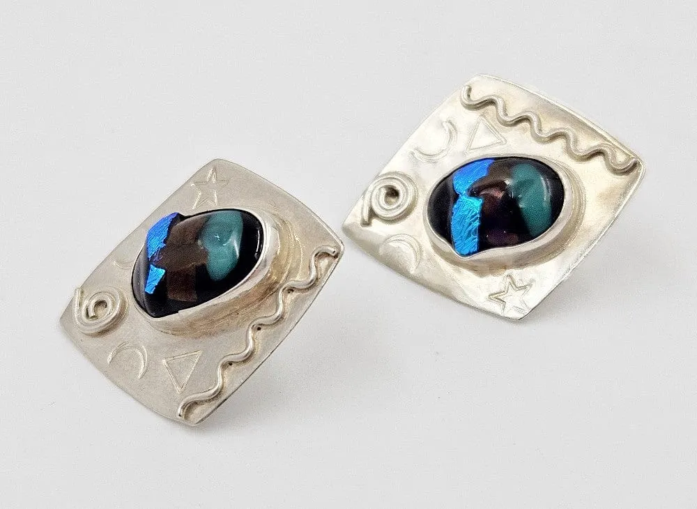 Designer Barbara Sucherman Sterling Silver   Glass Modernist Earrings 1980's
