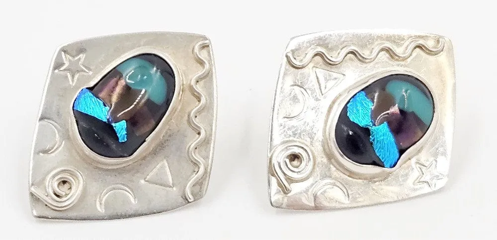 Designer Barbara Sucherman Sterling Silver   Glass Modernist Earrings 1980's