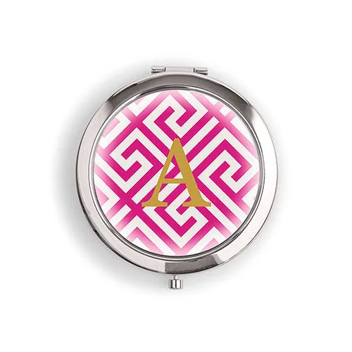 Designer Compact Mirror - Monogram on Greek Key Print Rose Gold Tangerine Orange