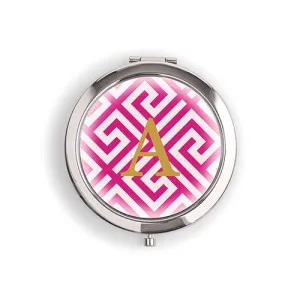 Designer Compact Mirror - Monogram on Greek Key Print Silver Tangerine Orange
