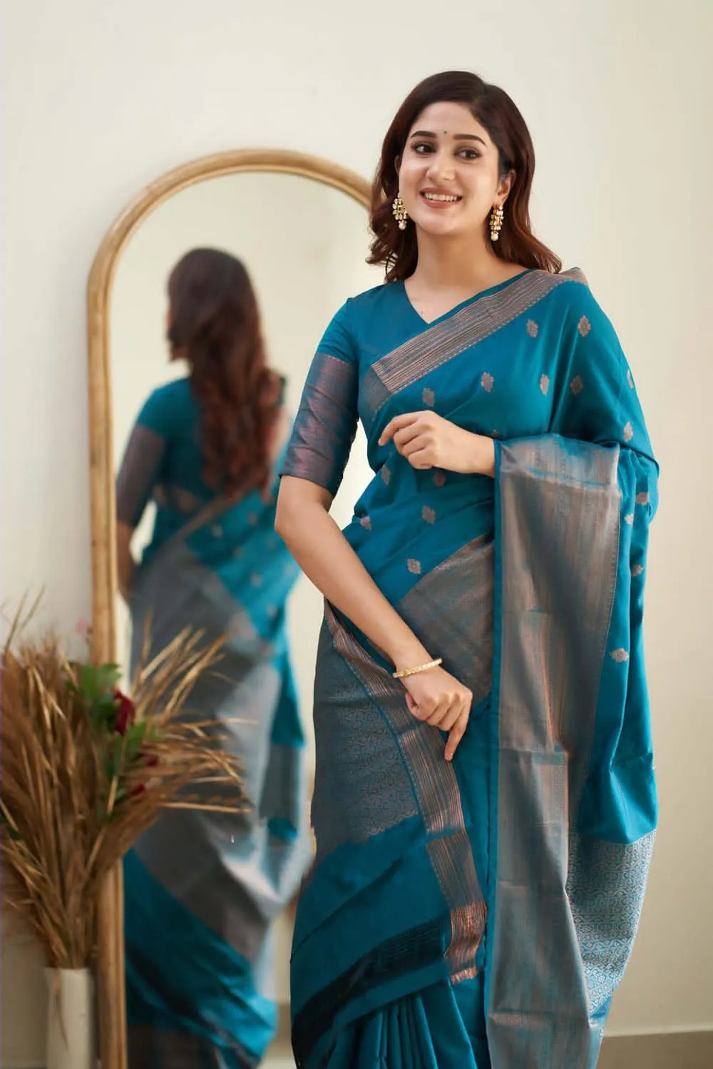 Designer Firozi Soft Silk Saree With Jazzy Blouse Piece