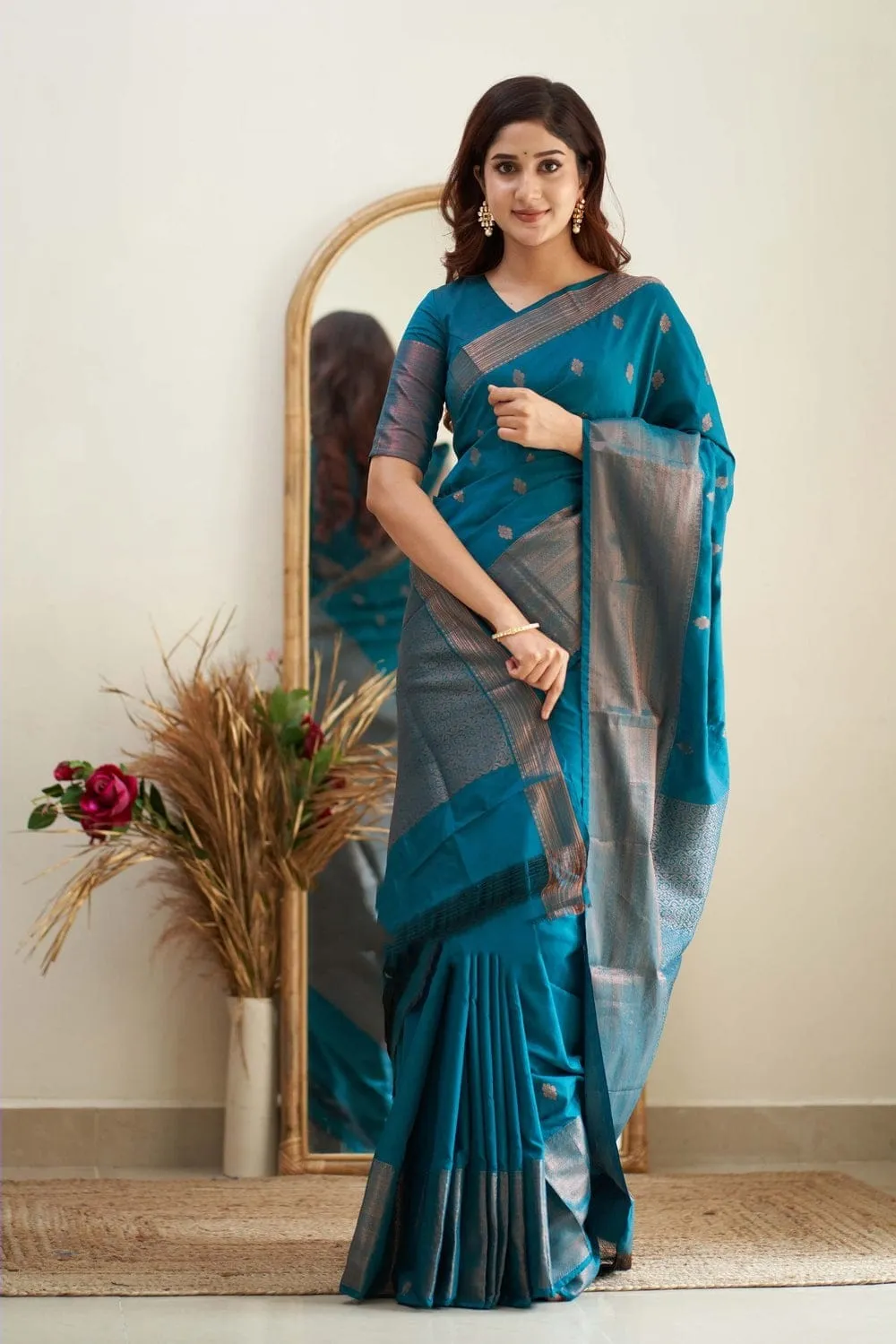 Designer Firozi Soft Silk Saree With Jazzy Blouse Piece