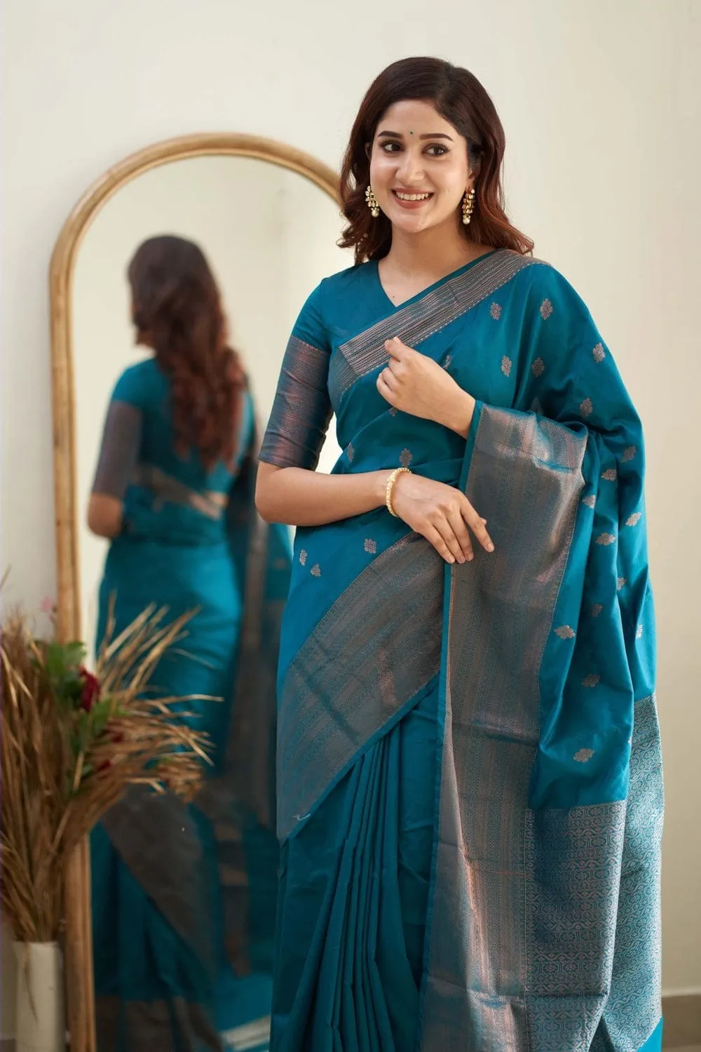 Designer Firozi Soft Silk Saree With Jazzy Blouse Piece