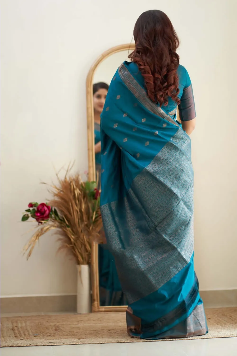 Designer Firozi Soft Silk Saree With Jazzy Blouse Piece