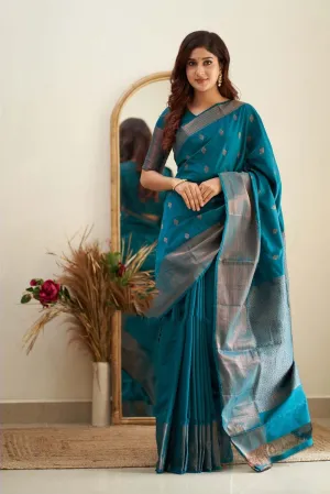 Designer Firozi Soft Silk Saree With Jazzy Blouse Piece