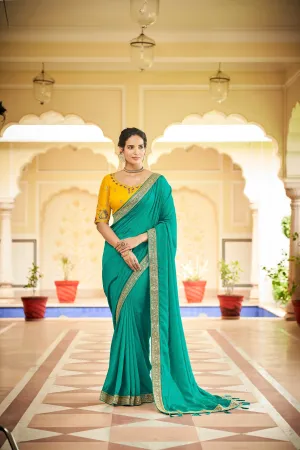 Designer Sky Blue Color Swarovski Sequence Work Silk Saree