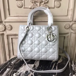 DI Medium Opaline Gray Pearlescent Cannage Lady Bag Hardware Pearl Gold For Women 9.5in/24cm CD