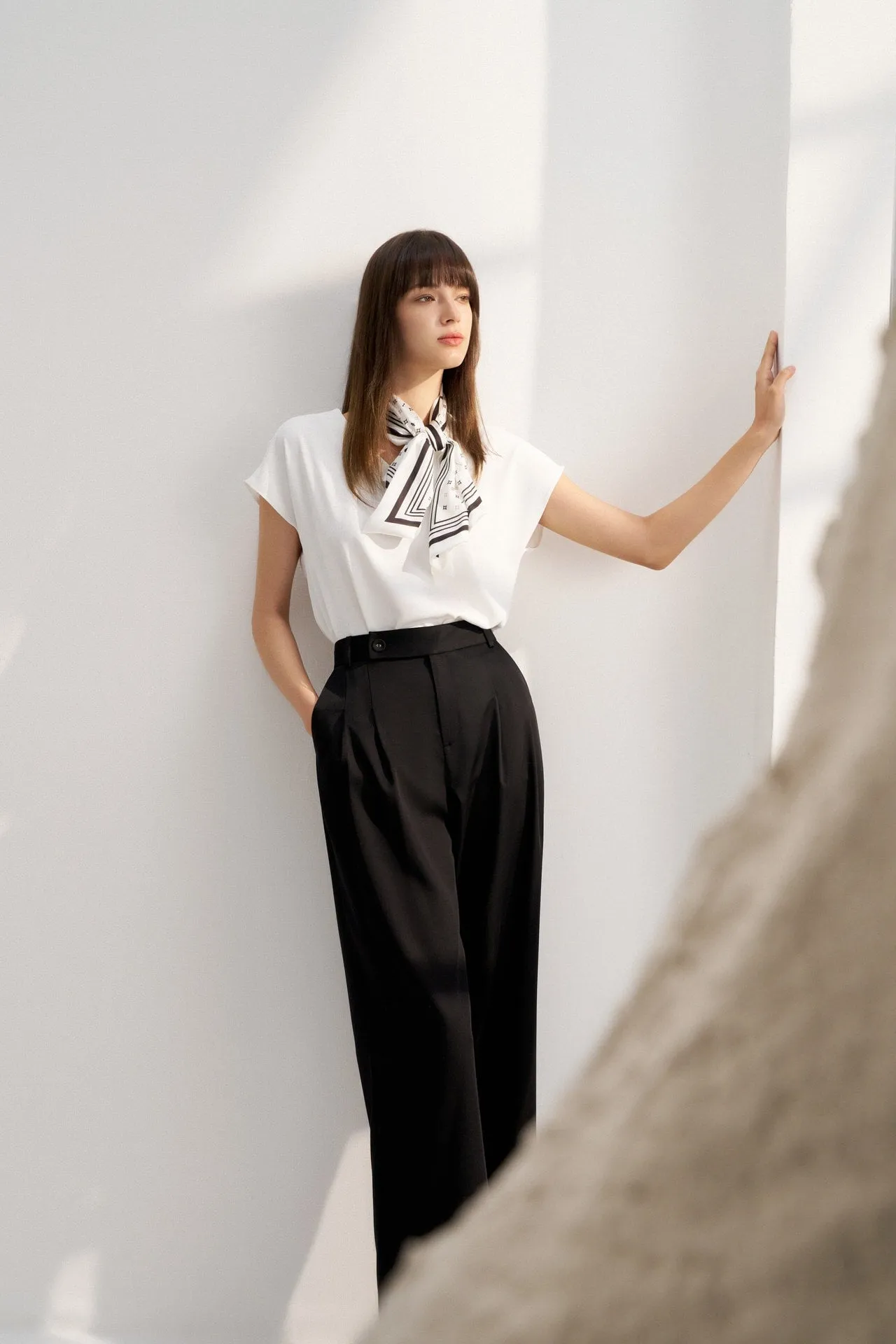 Diamond Shape V-neck Blouse with Printed Scarf