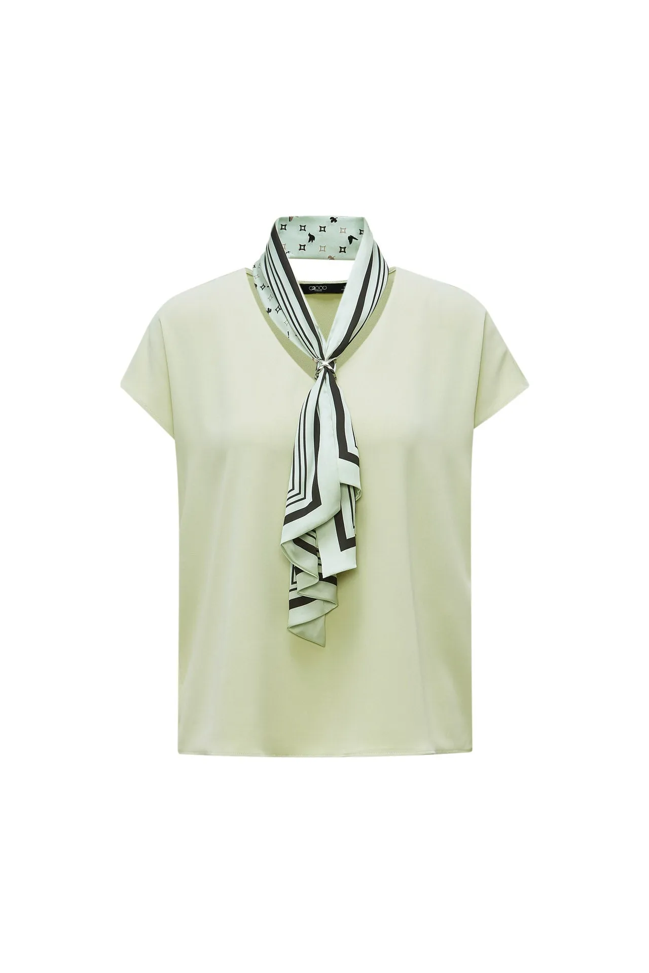 Diamond Shape V-neck Blouse with Printed Scarf