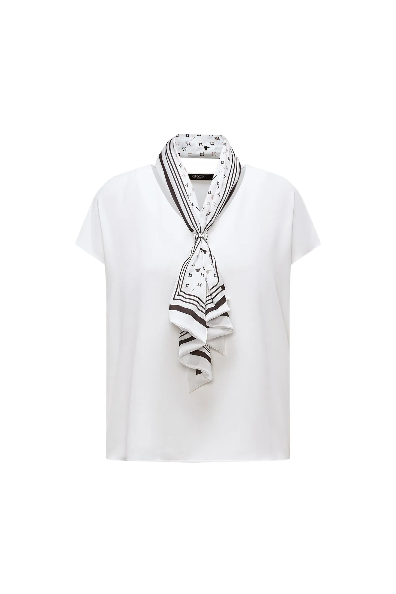 Diamond Shape V-neck Blouse with Printed Scarf