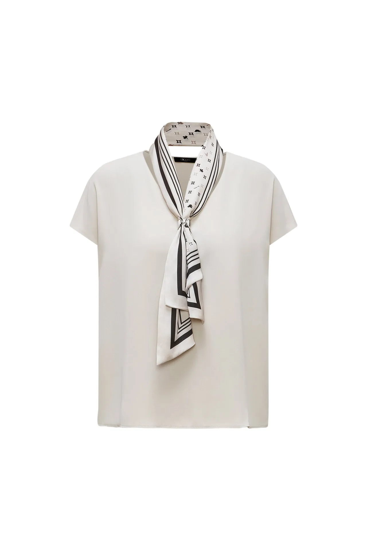 Diamond Shape V-neck Blouse with Printed Scarf