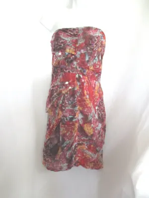 DIANE VON FURSTENBERG SILK Ruched Floral Sequin Dress 6 Red Tiered