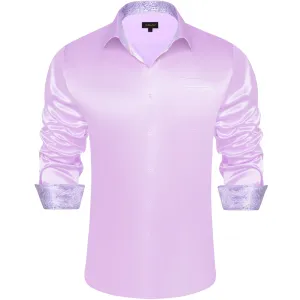 DiBanGu Collar Shirt Languid Lavender Purple Satin Splicing Solid Button Down Mens Shirt for Business
