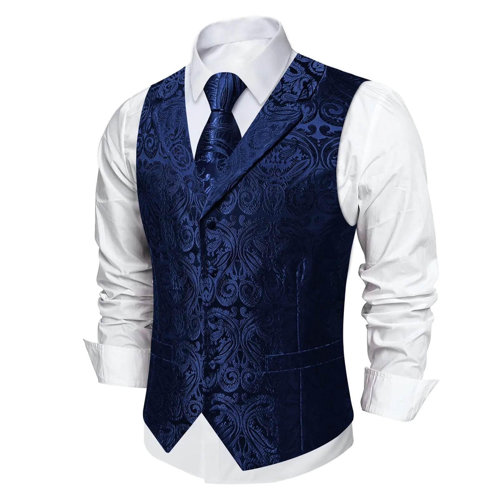 DiBanGu Deep Blue Paisley Notched Collar Silk Mens Vest Tie Set