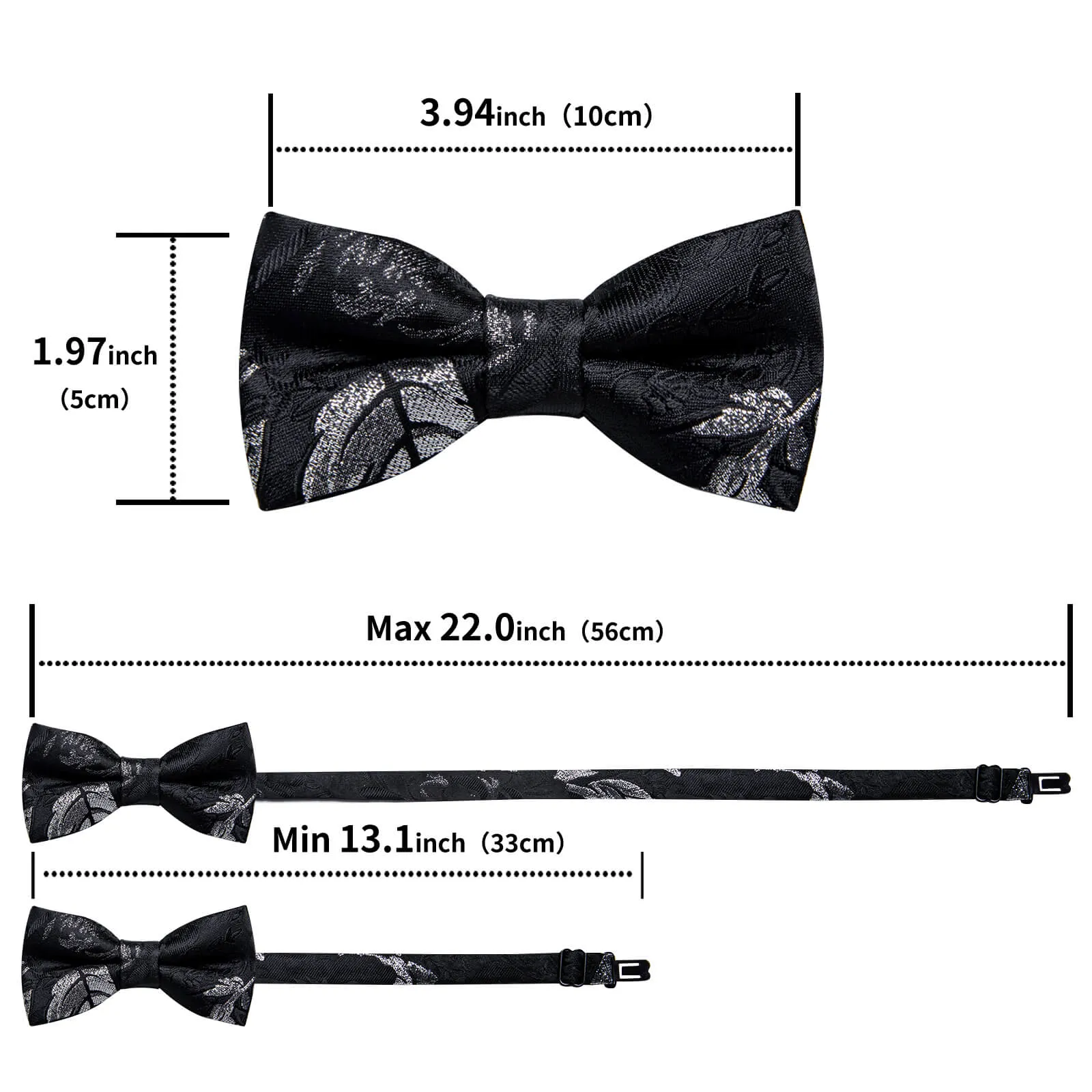 DiBanGu Kids Bow Tie Black Silver Floral Silk Pre-Bow Tie Hanky Set