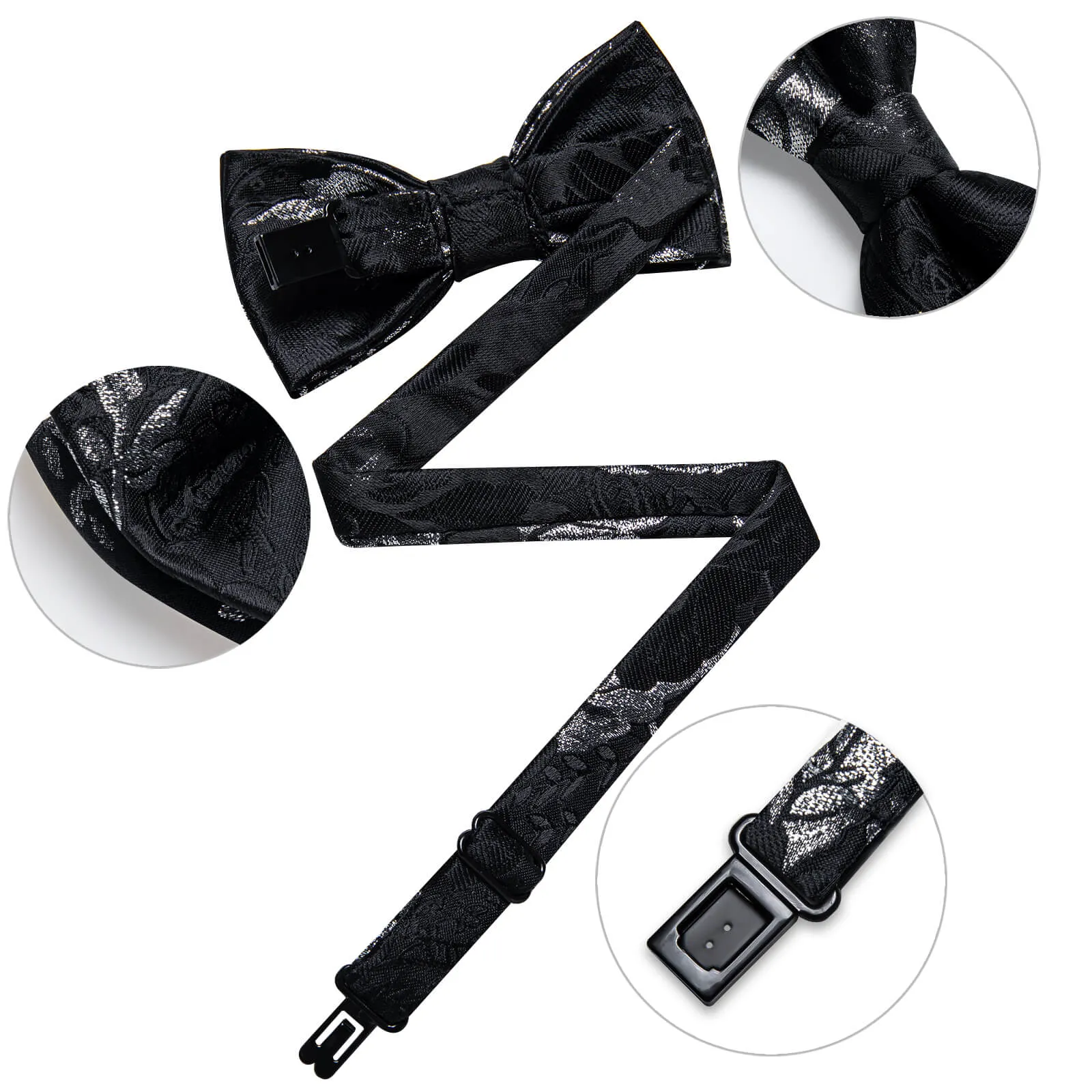 DiBanGu Kids Bow Tie Black Silver Floral Silk Pre-Bow Tie Hanky Set