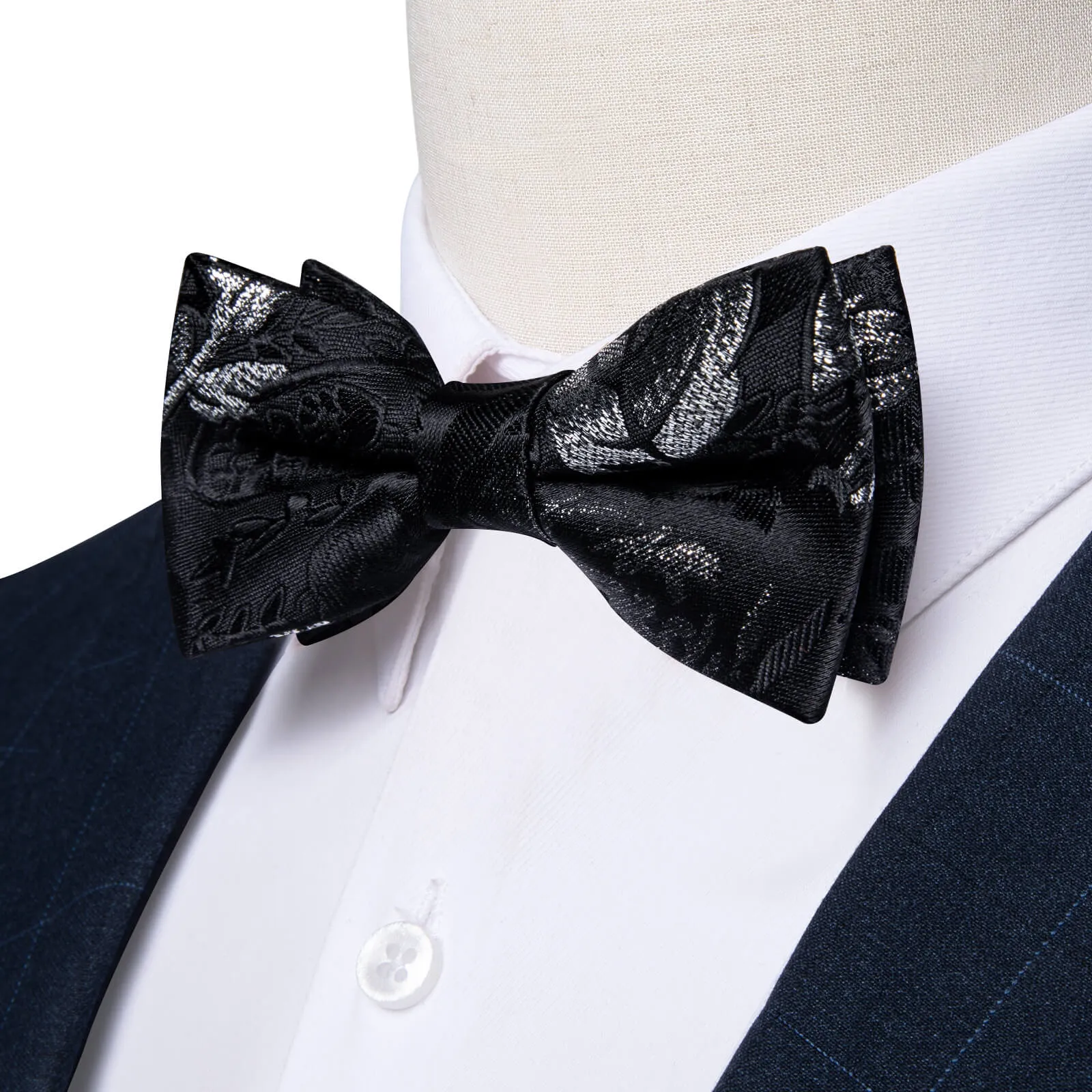 DiBanGu Kids Bow Tie Black Silver Floral Silk Pre-Bow Tie Hanky Set