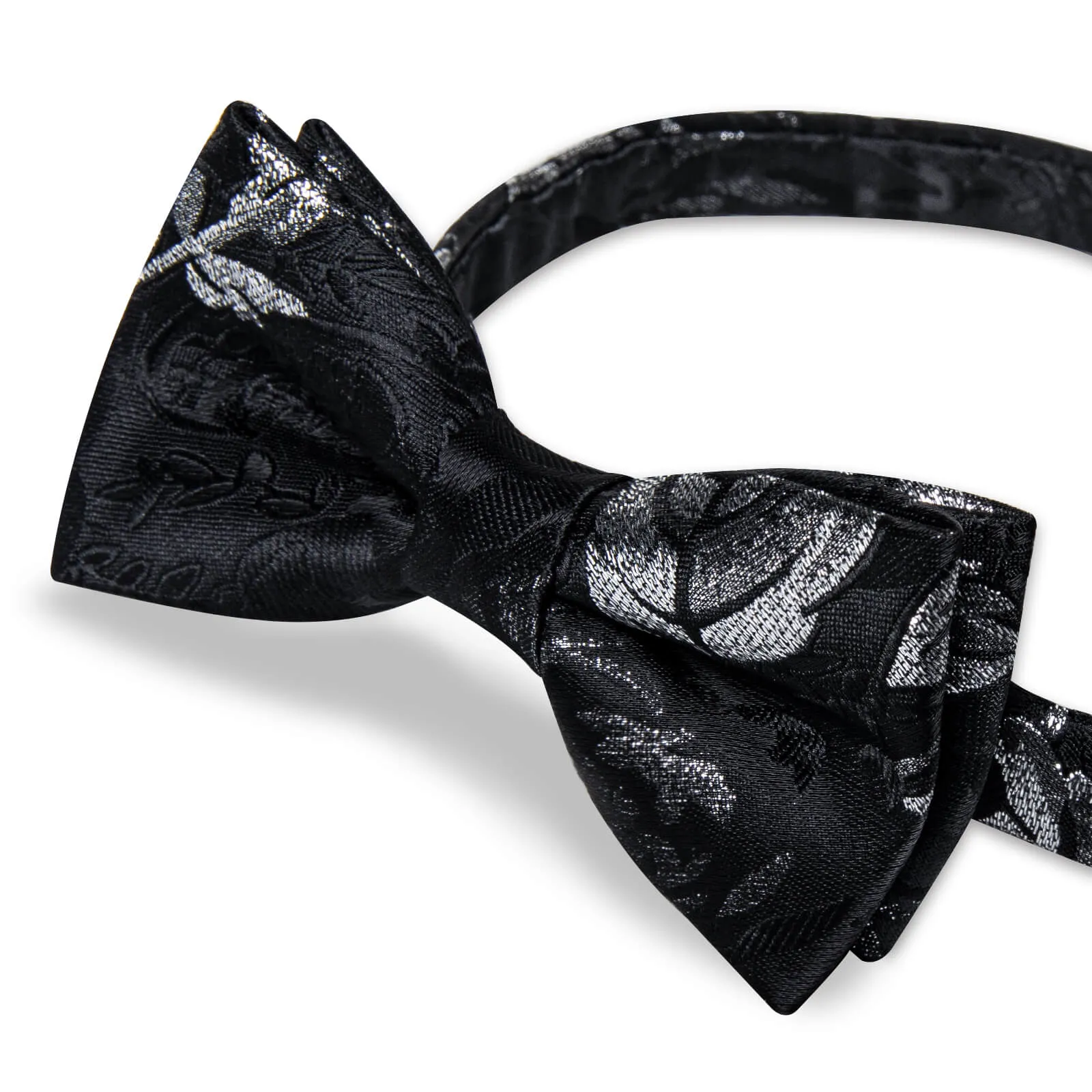 DiBanGu Kids Bow Tie Black Silver Floral Silk Pre-Bow Tie Hanky Set