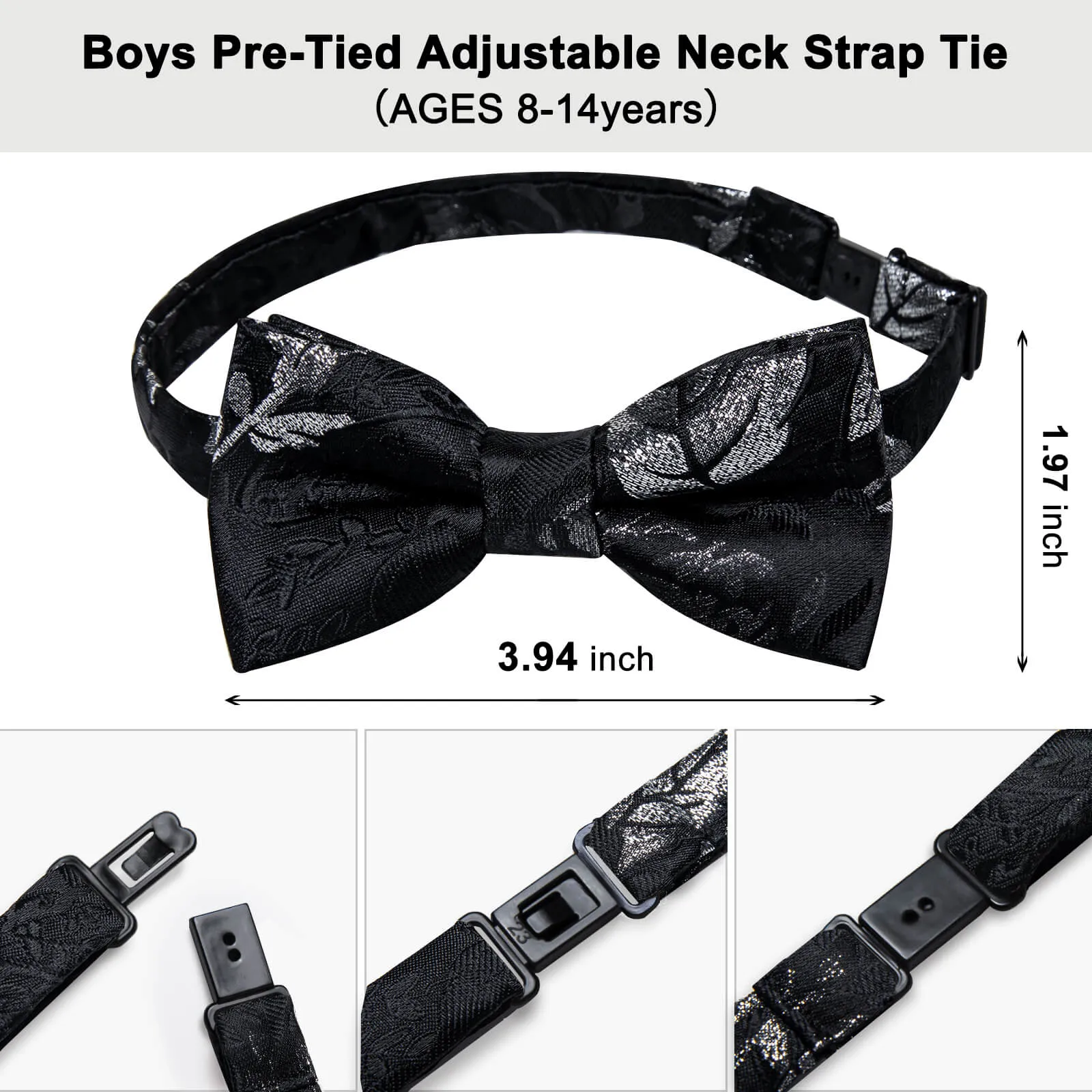 DiBanGu Kids Bow Tie Black Silver Floral Silk Pre-Bow Tie Hanky Set