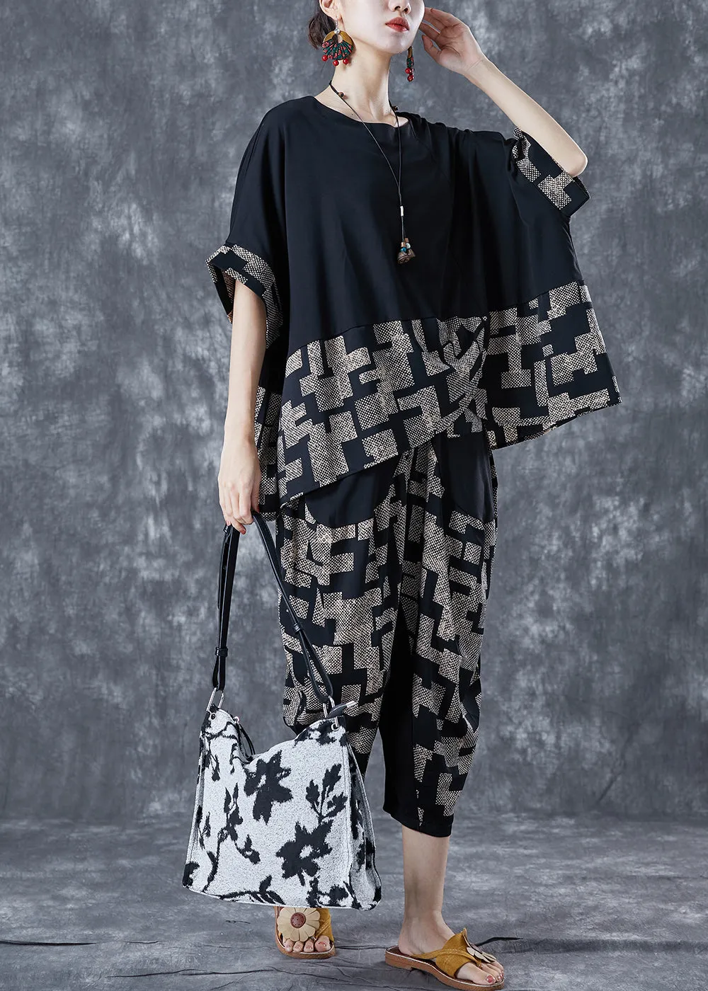 Diy Black Asymmetrical Patchwork Print Cotton Two Pieces Set Summer LY5629