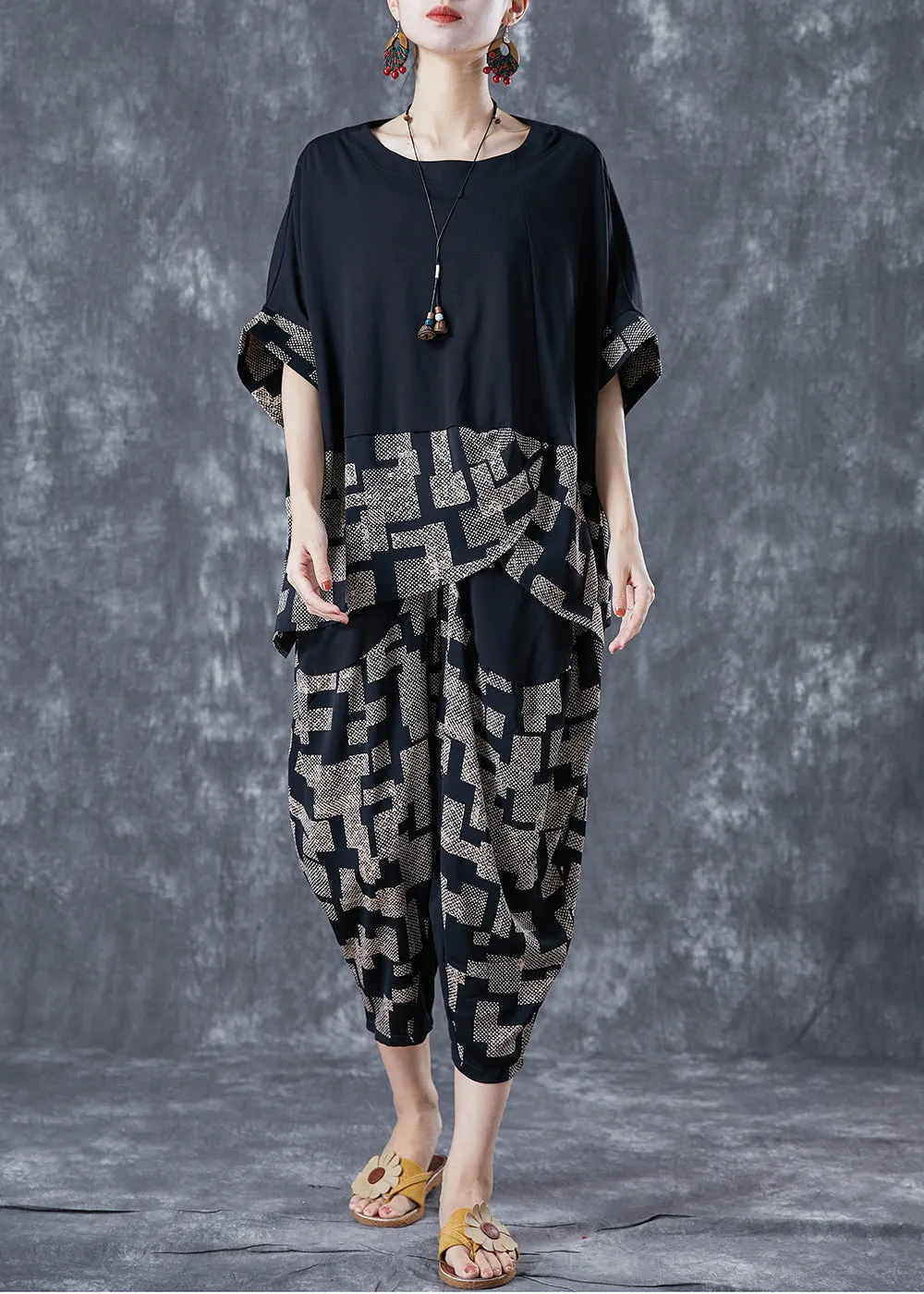 Diy Black Asymmetrical Patchwork Print Cotton Two Pieces Set Summer LY5629