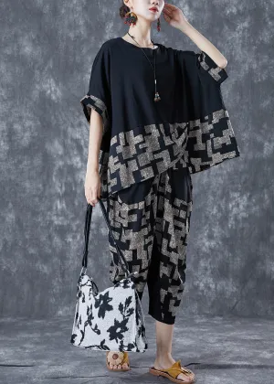 Diy Black Asymmetrical Patchwork Print Cotton Two Pieces Set Summer LY5629
