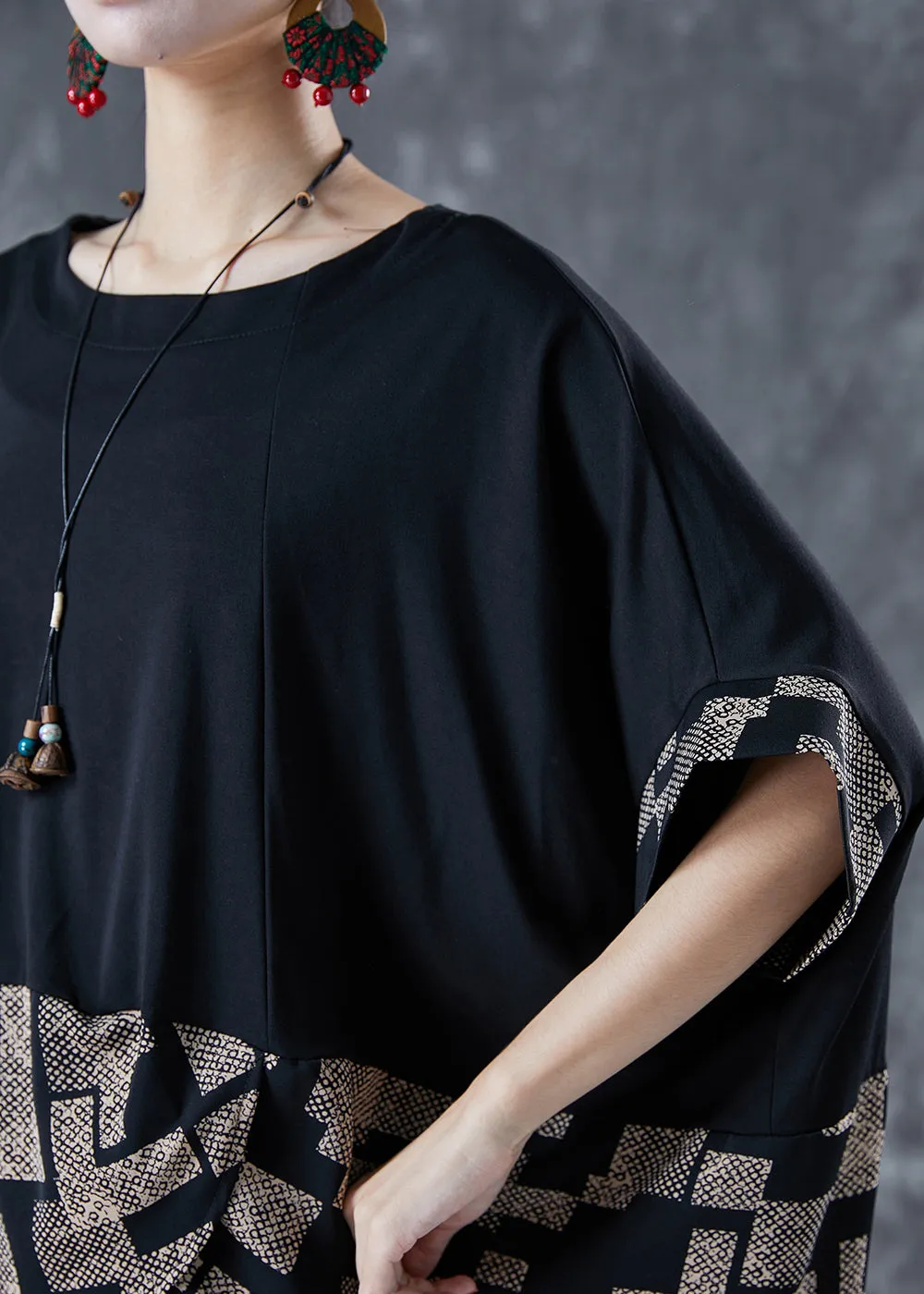 Diy Black Asymmetrical Patchwork Print Cotton Two Pieces Set Summer LY5629