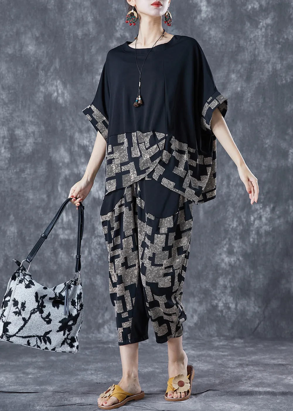 Diy Black Asymmetrical Patchwork Print Cotton Two Pieces Set Summer LY5629