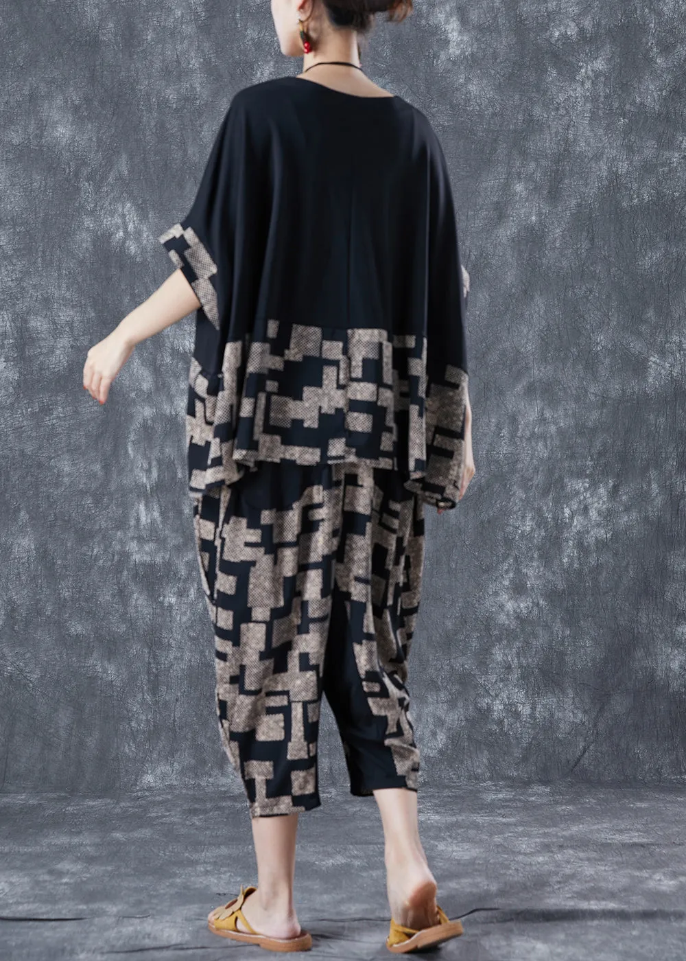 Diy Black Asymmetrical Patchwork Print Cotton Two Pieces Set Summer LY5629