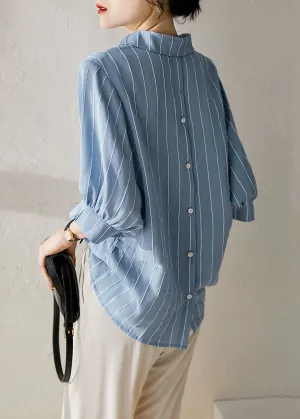 DIY Blue Striped Peter Pan Collar Patchwork Silk Shirt Top Summer LY5035