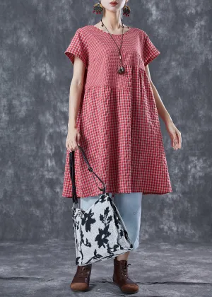 DIY Red Oversized Patchwork Plaid Linen Dresses Summer LY5650