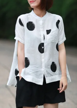 DIY White Stand Collar Dot Print Patchwork Linen Blouses Summer LY6276
