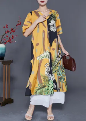 Diy Yellow V Neck Print Draping Silk Ankle Dress Summer LY5583