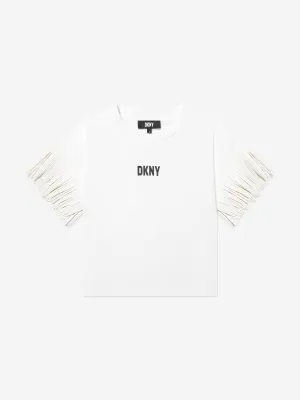 DKNY Girls Fringed Sleeve T-Shirt in White
