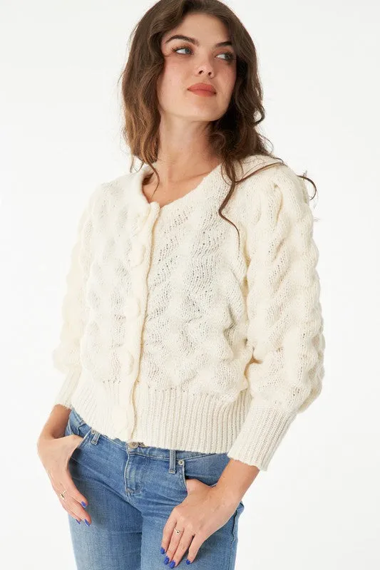 Donna Long Sleeve Flower Button Down Cropped Cardigan Ivory