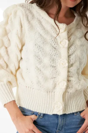 Donna Long Sleeve Flower Button Down Cropped Cardigan Ivory