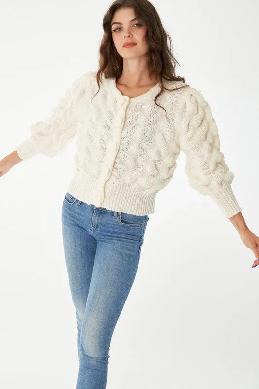 Donna Long Sleeve Flower Button Down Cropped Cardigan Ivory