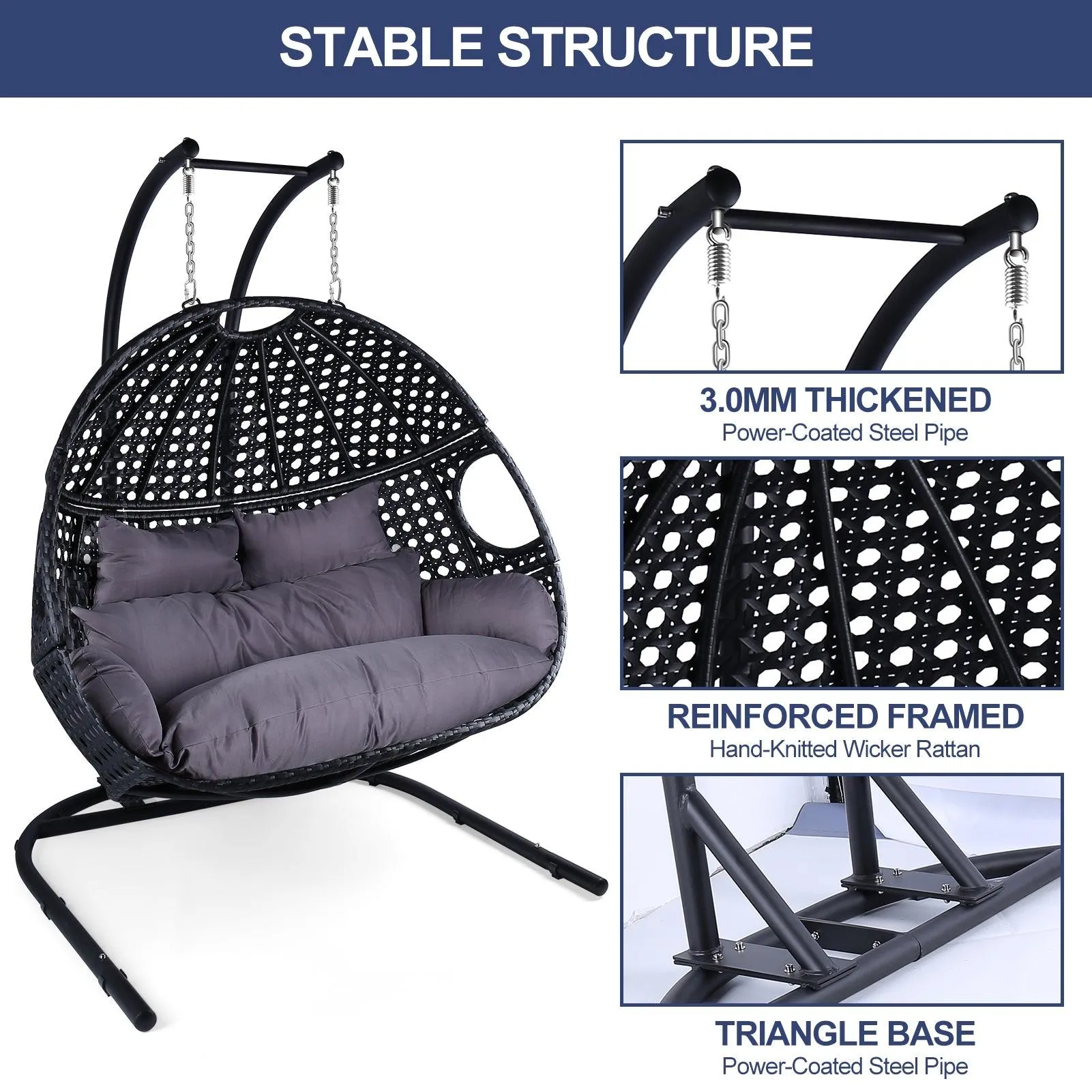 Double Swing Egg Chair with Stand, UV-Resistant Wicker Frame, 530 lbs Capacity, Black