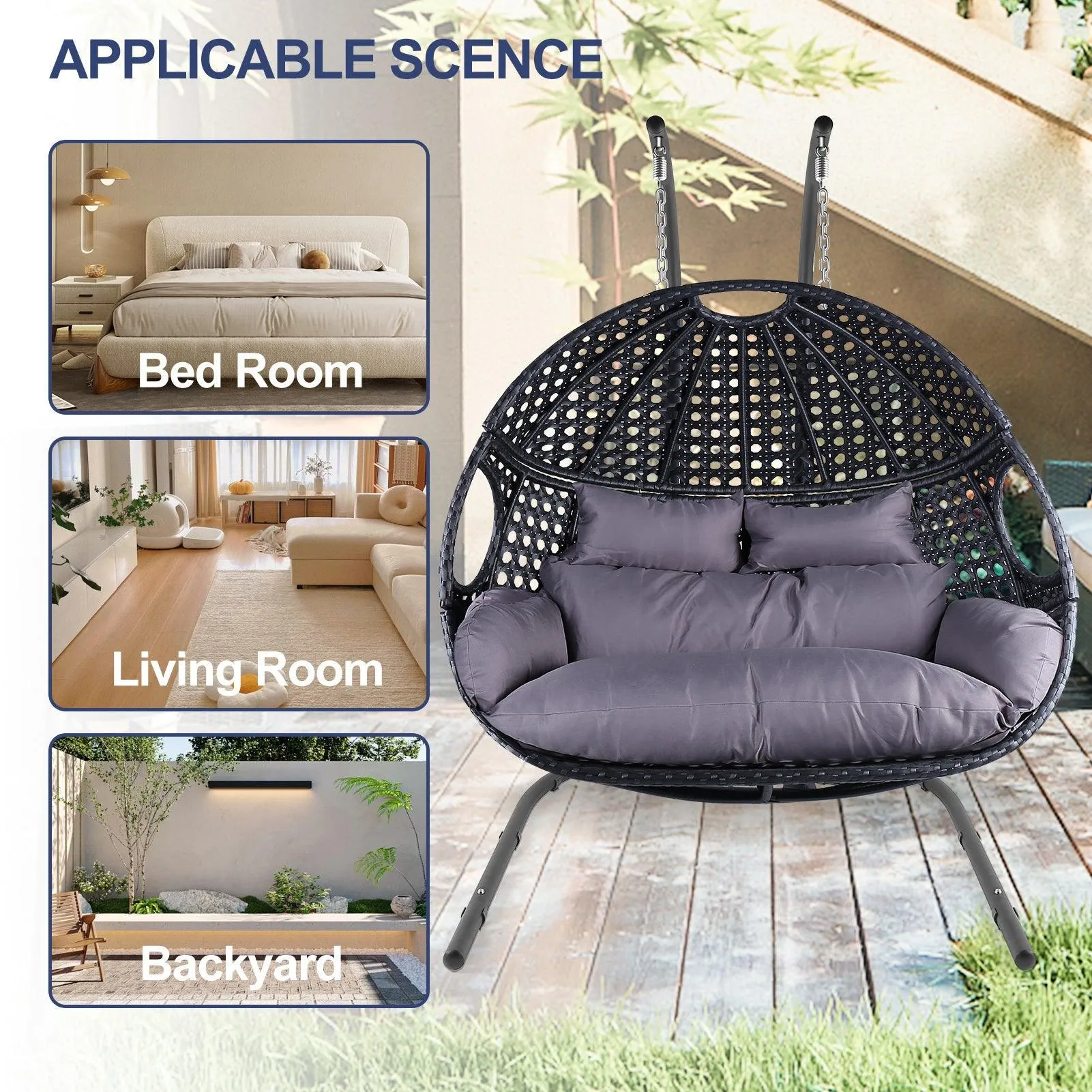 Double Swing Egg Chair with Stand, UV-Resistant Wicker Frame, 530 lbs Capacity, Black