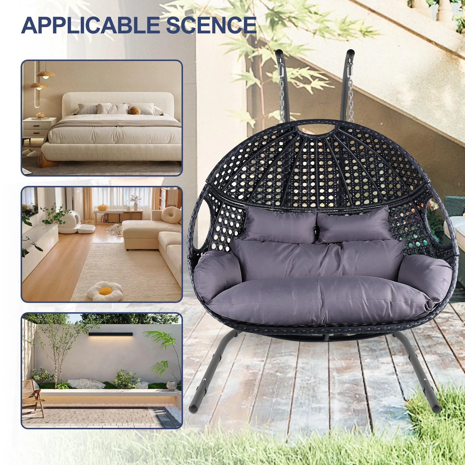 Double Swing Egg Chair with Stand, UV-Resistant Wicker Frame, 530 lbs Capacity, Black