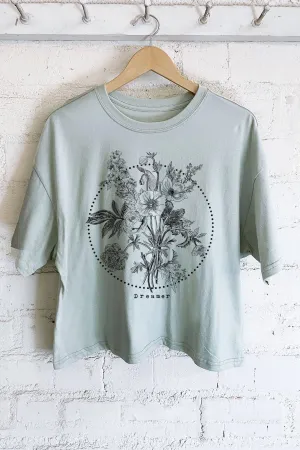 DREAMER FLOWER GRAPHIC LONG DUSTY MINT CROP TEE