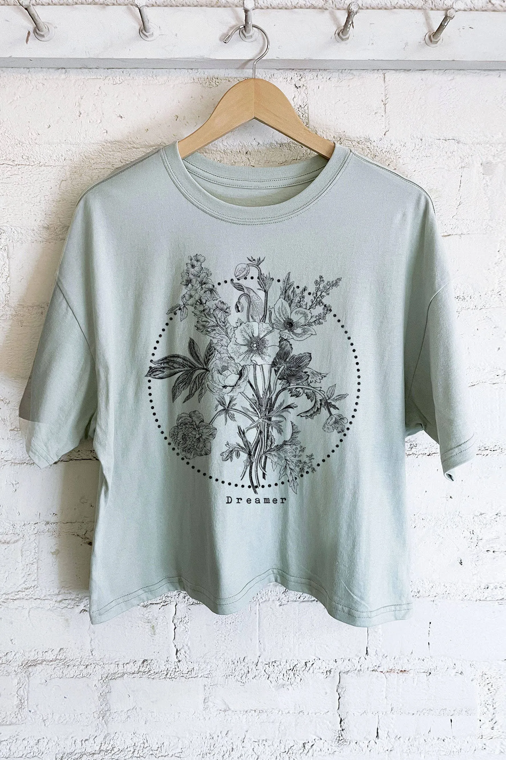 DREAMER FLOWER GRAPHIC LONG DUSTY MINT CROP TEE