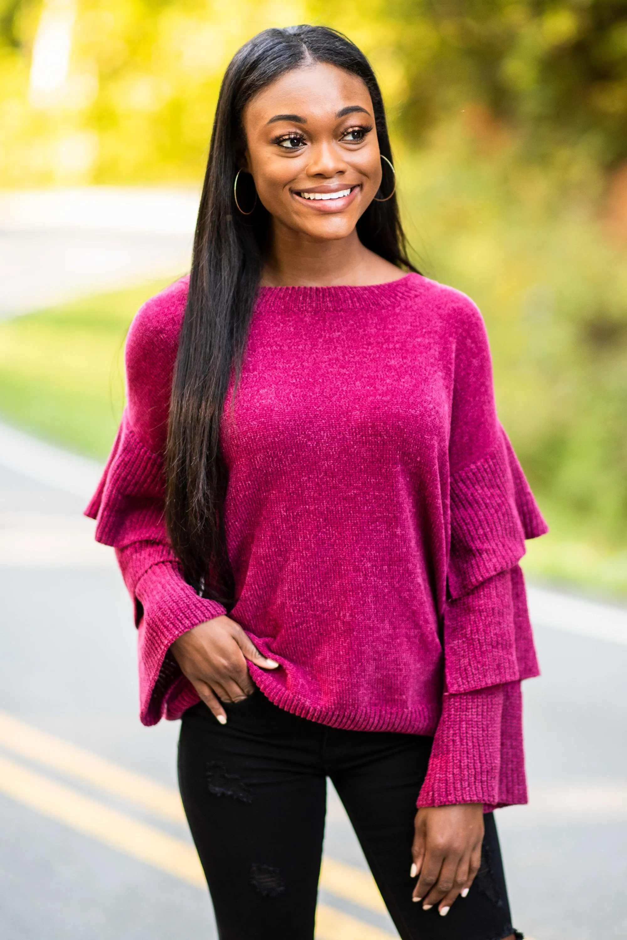 Dreaming Of Drama Wine Red Ruffled Sweater