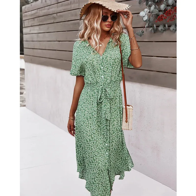 DressBetty - 2024 Casual Floral V-Neck Yellow Boho Dress for Summer