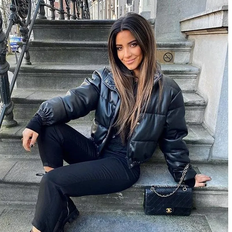 DressBetty - Thick Warm Short Black Pu Leather Coats